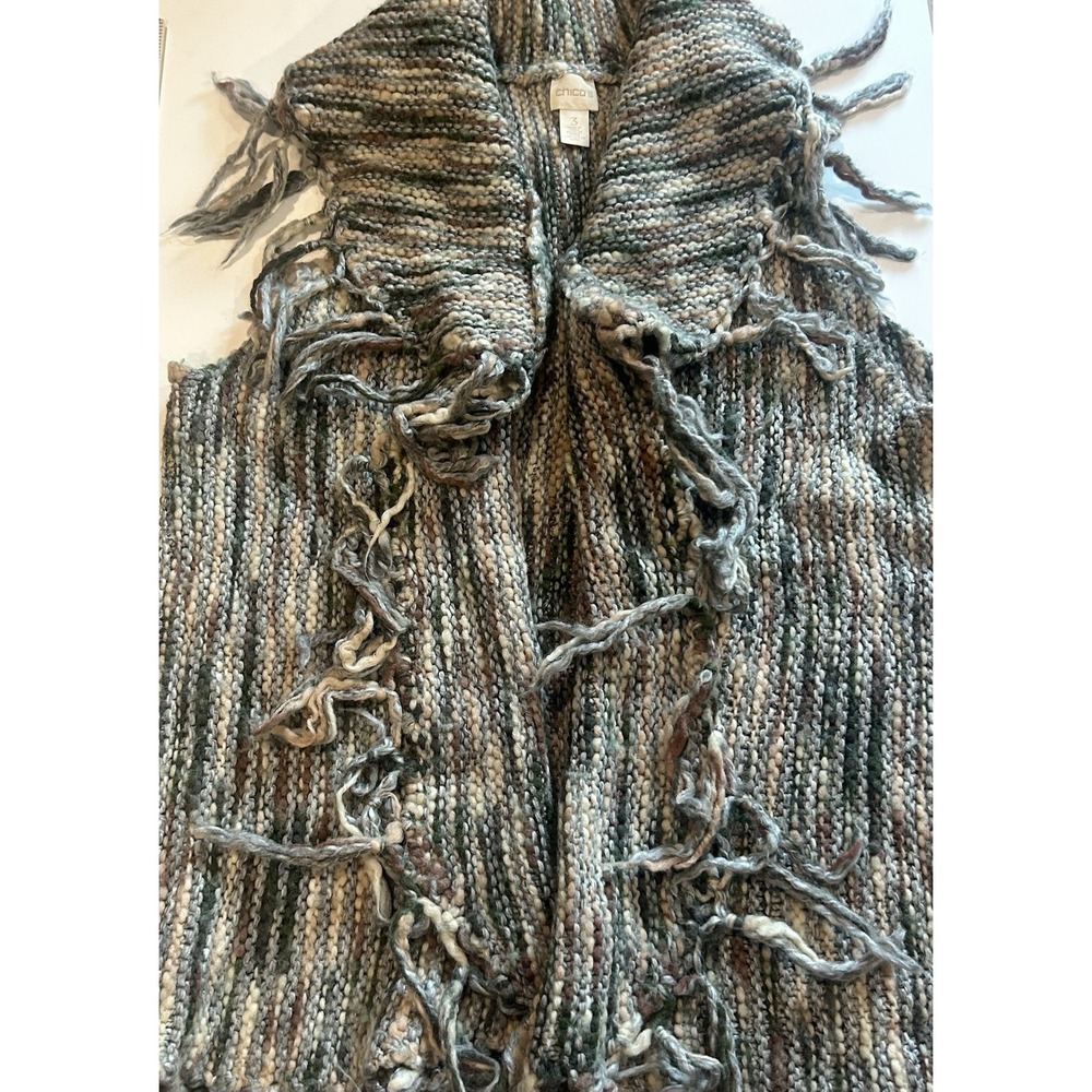 Chico's Size 3 Chunky Knit Fringe Vest Cardigan Boho Lagenlook Artsy